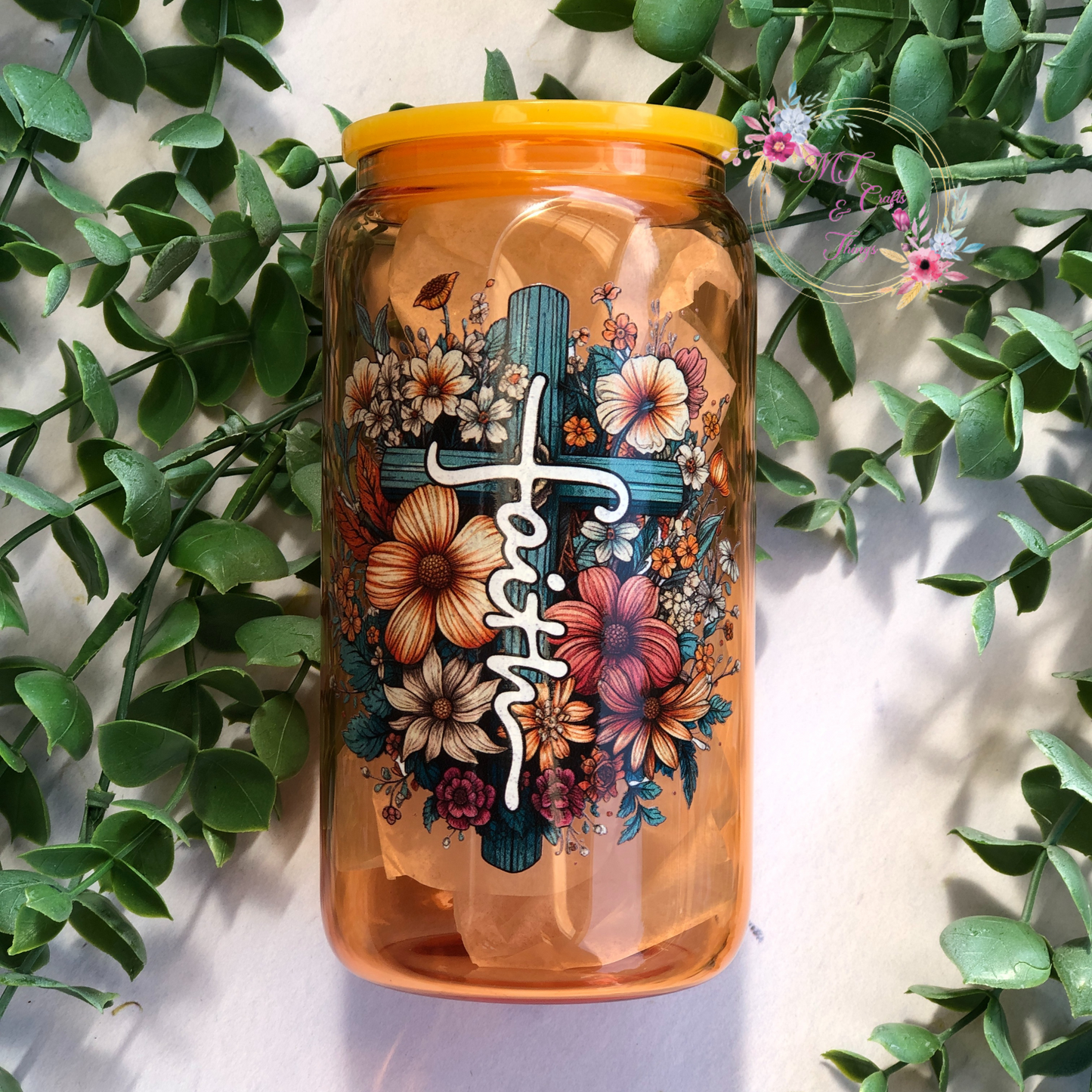 Glass Can -Faith Floral Orange