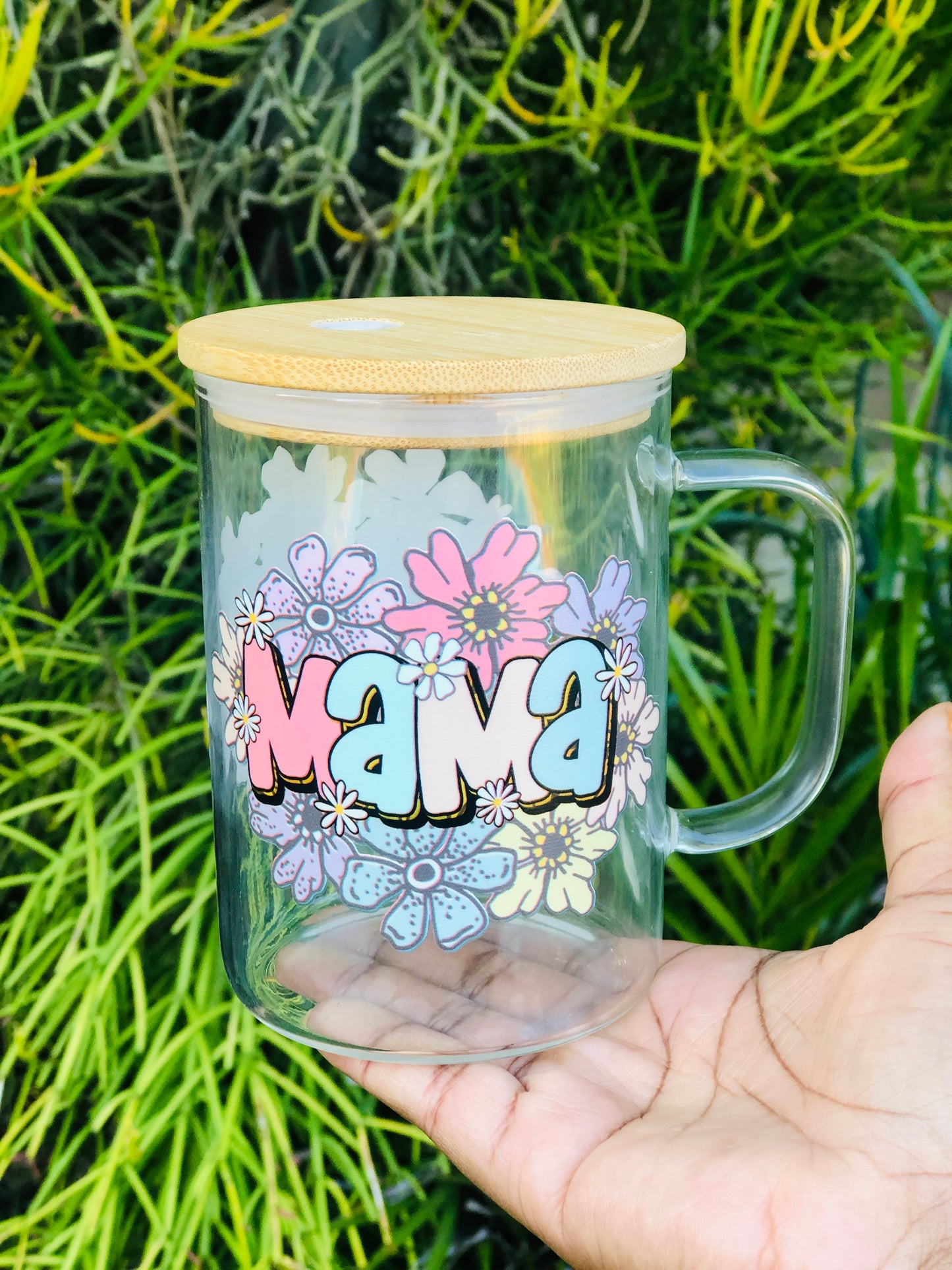 Clear Glass Mug with Bamboo Lid - Mama Floral