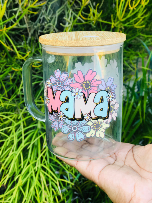 Clear Glass Mug with Bamboo Lid - Mama Floral