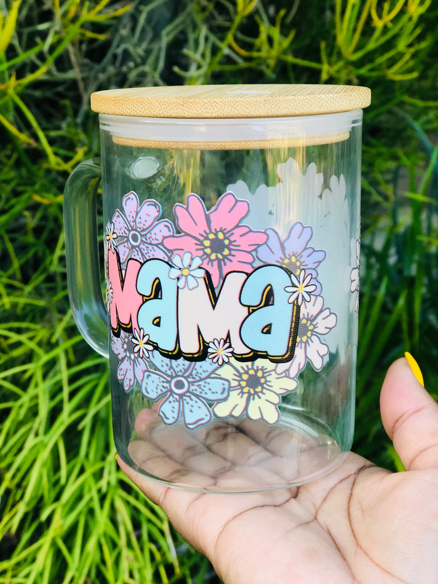 Clear Glass Mug with Bamboo Lid - Mama Floral