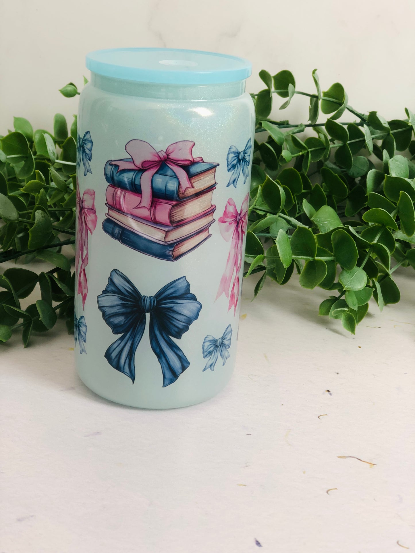 Shimmer Glass Can - Bows and Books