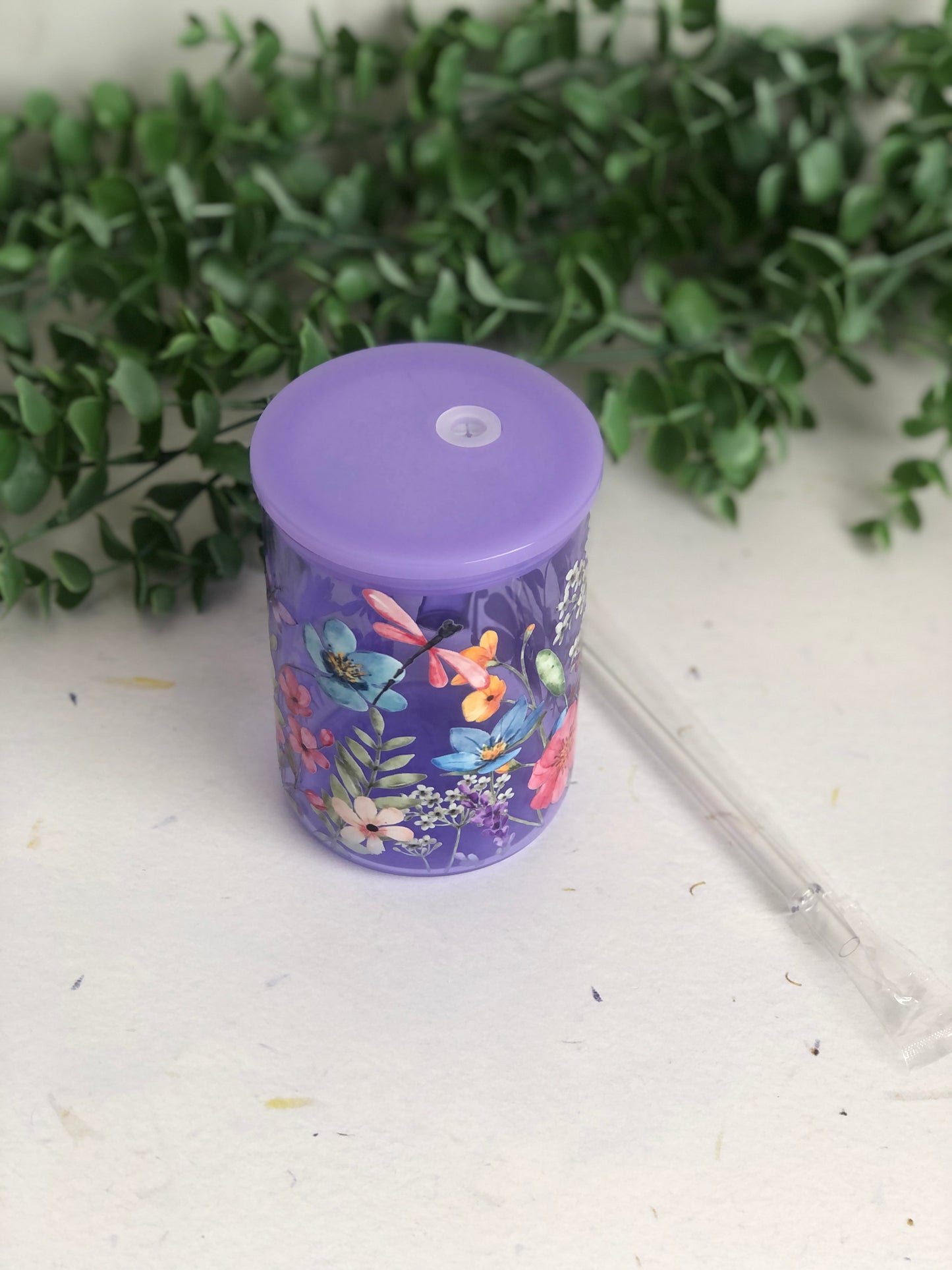 Glass Mug with Lid- Colourful Florals