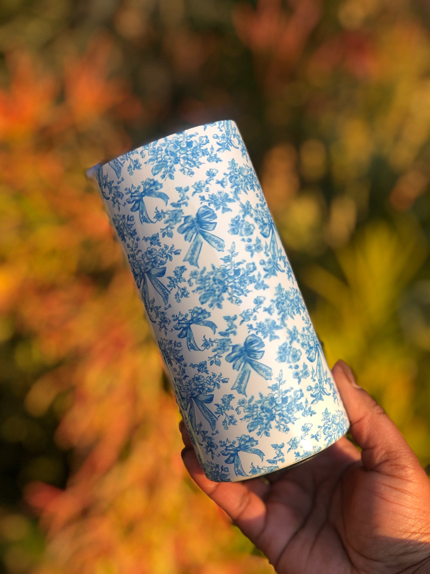 15oz Skinny Tumbler - Blue Bows & Florals