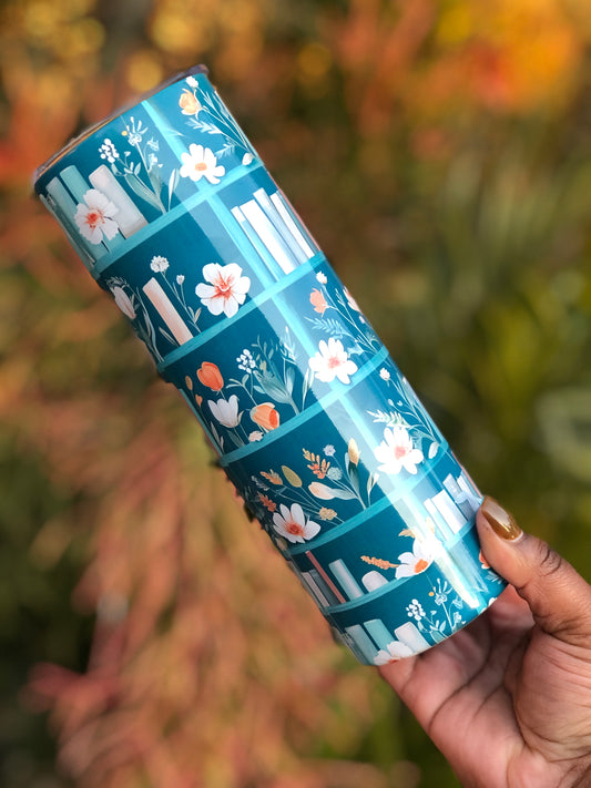 20oz Skinny Tumbler - Books and Flowers