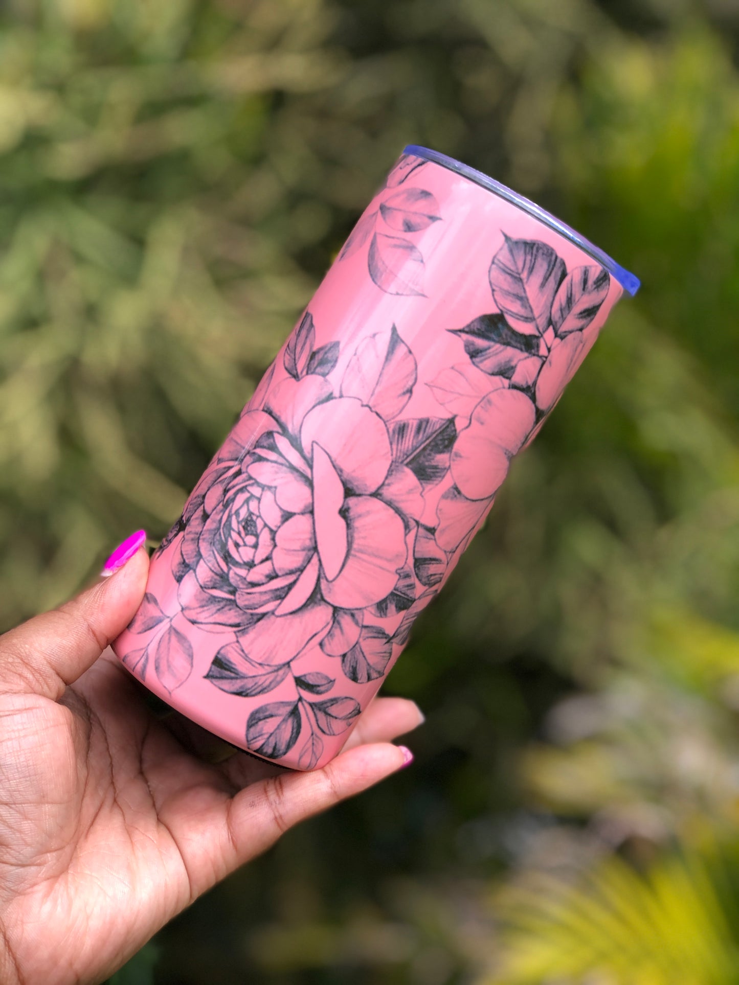 15oz Coloured Skinny Tumbler - Pink Black Florals