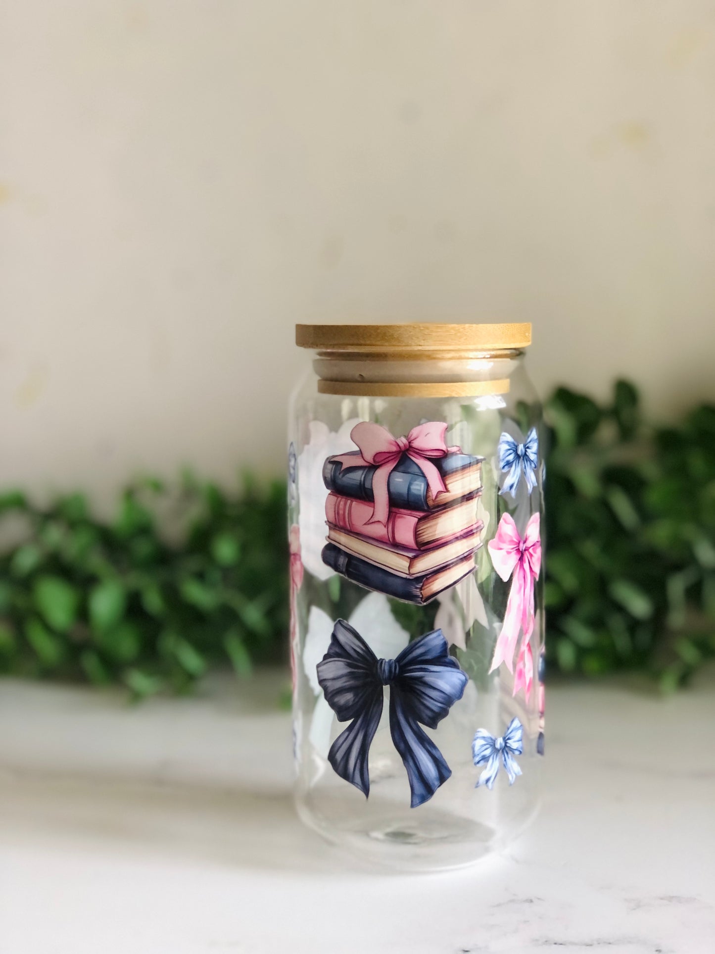 Bamboo Glass Can -Bows and Books