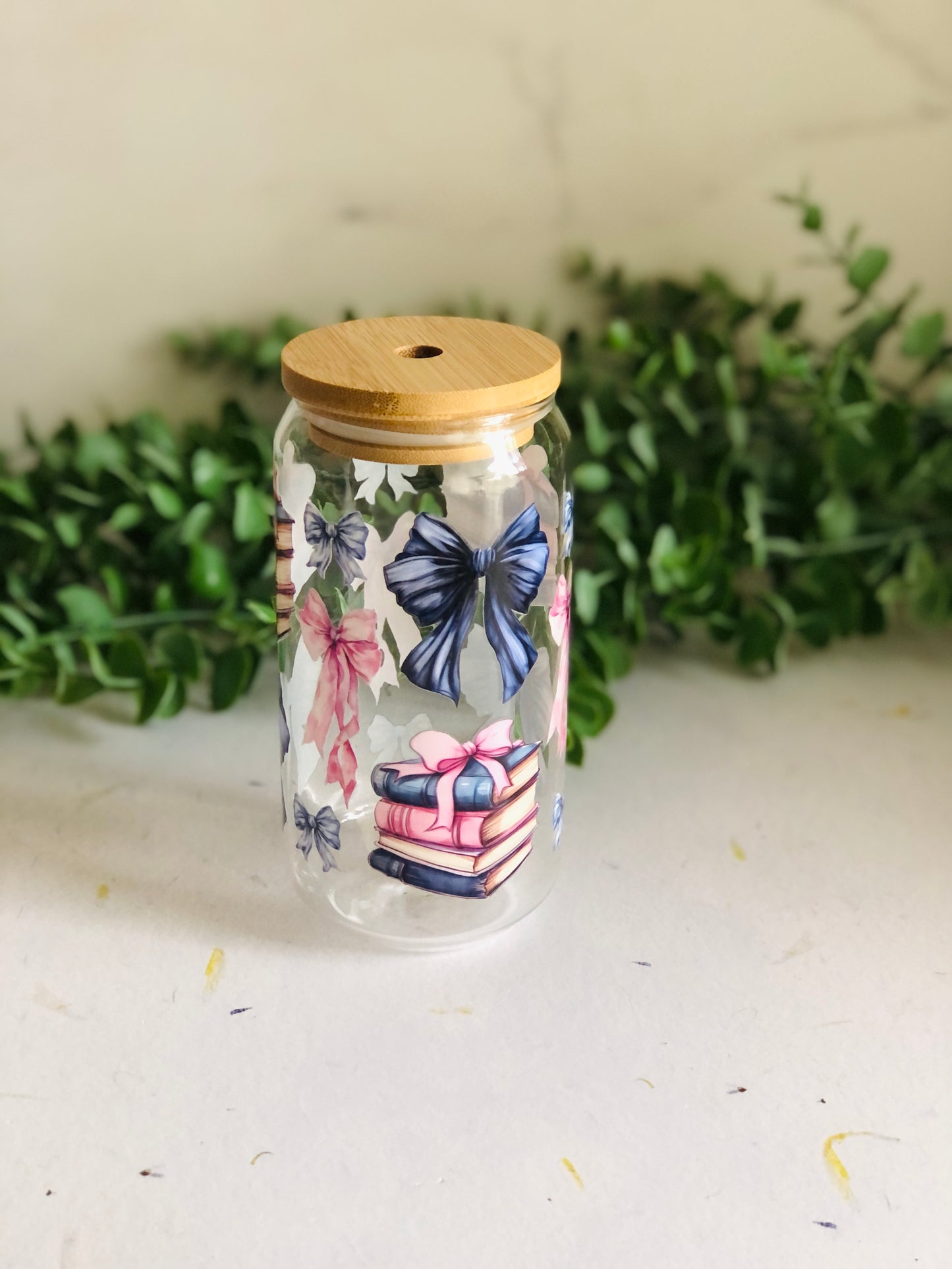 Bamboo Glass Can -Bows and Books