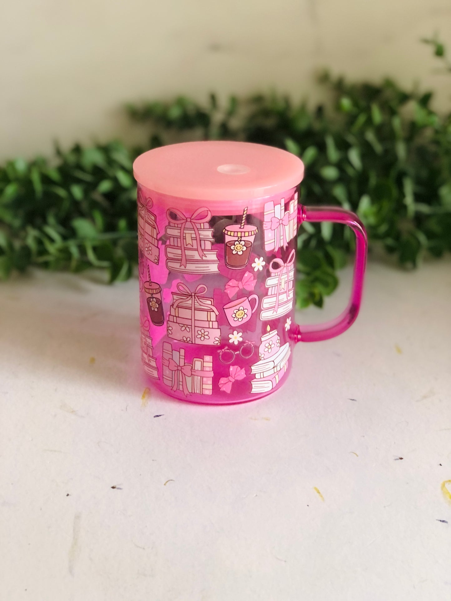 Glass Mug with Lid - Books and Coffee