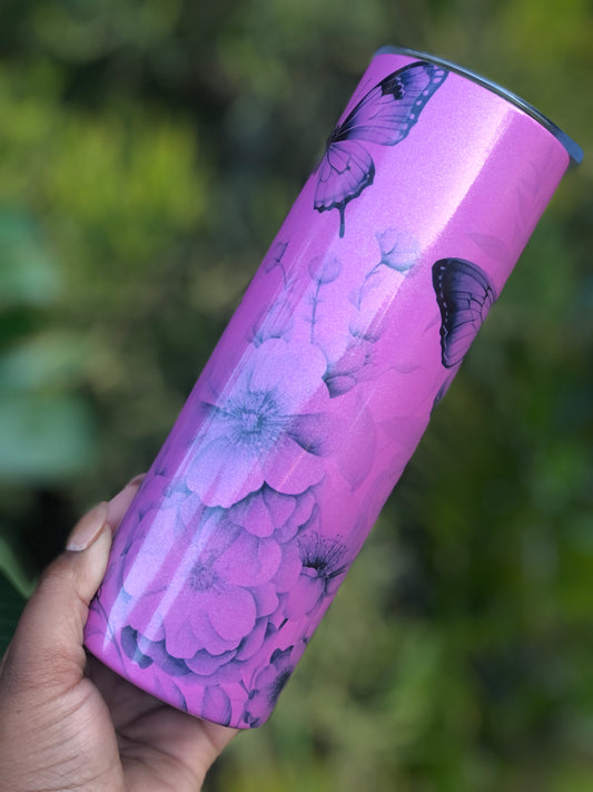 20oz Glitter Pink Tumbler - Black Florals & Butterflies