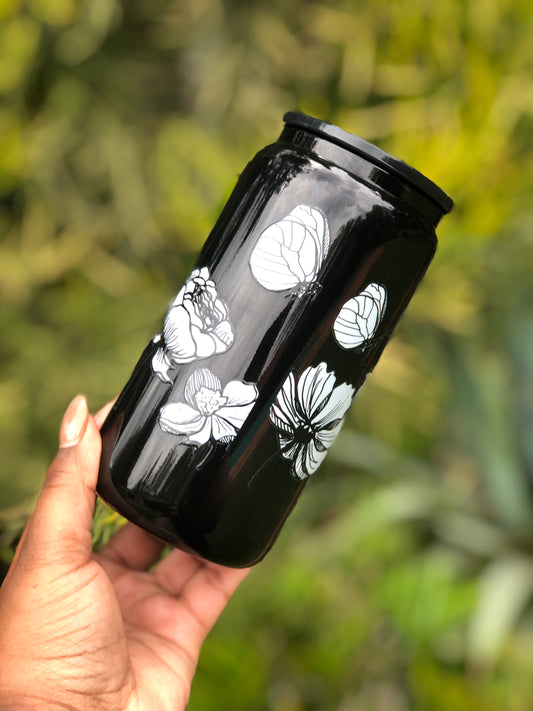 Black Glass Can - White Florals