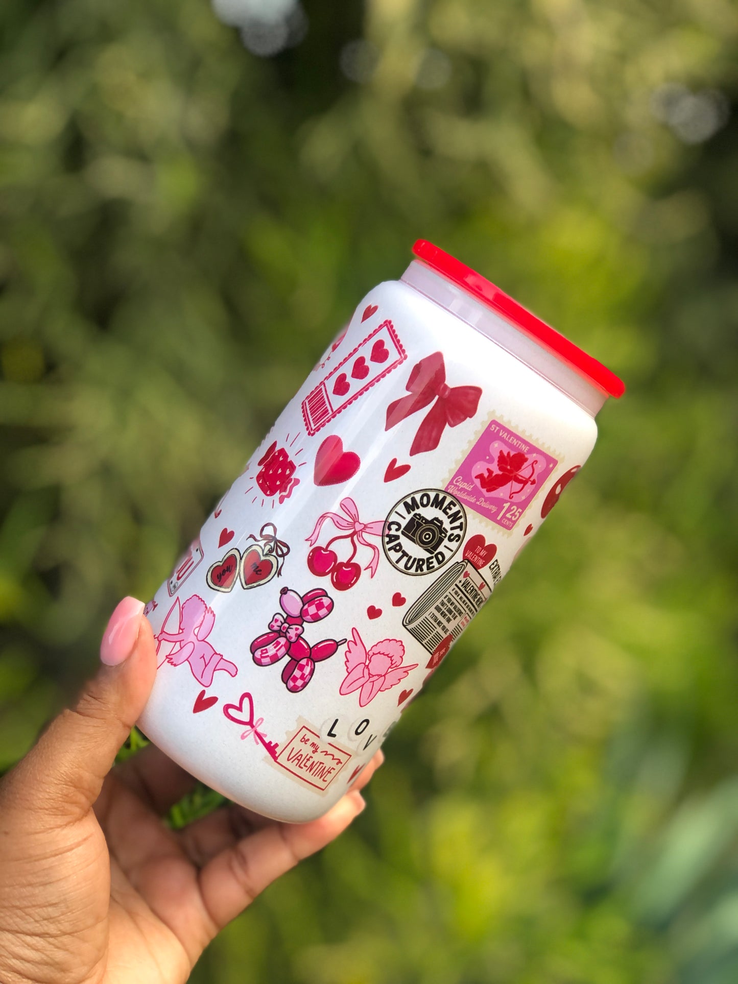 Shimmer Glass Can - Vday Red Doodles