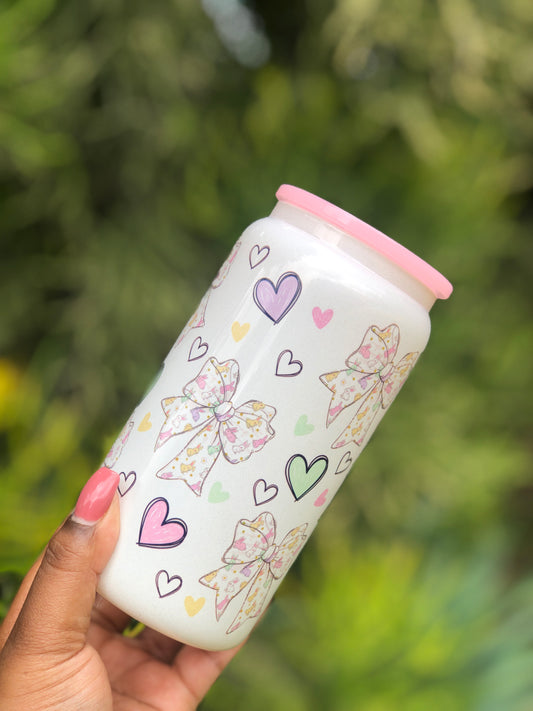 White Shimmer Glass Can - Bunny Pastel Colours