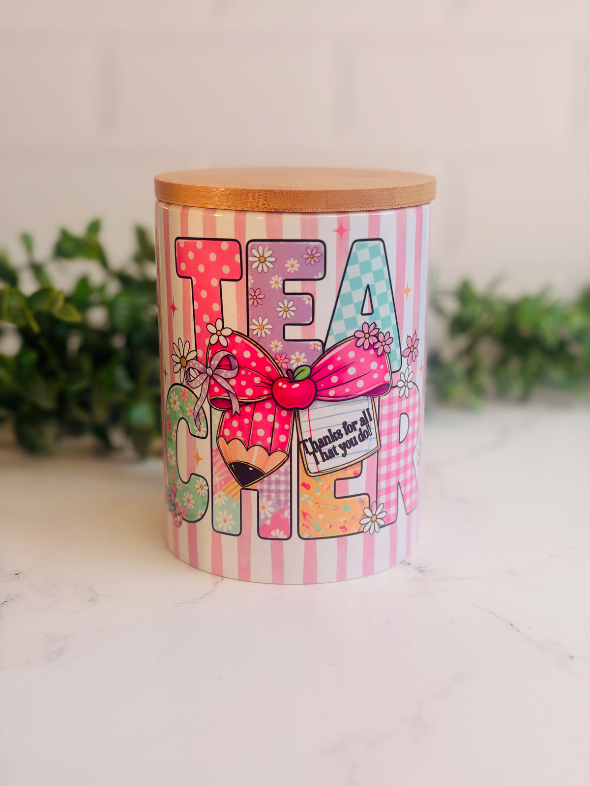 Ceramic Jar with Bamboo Lid - Teacher Pink Strip