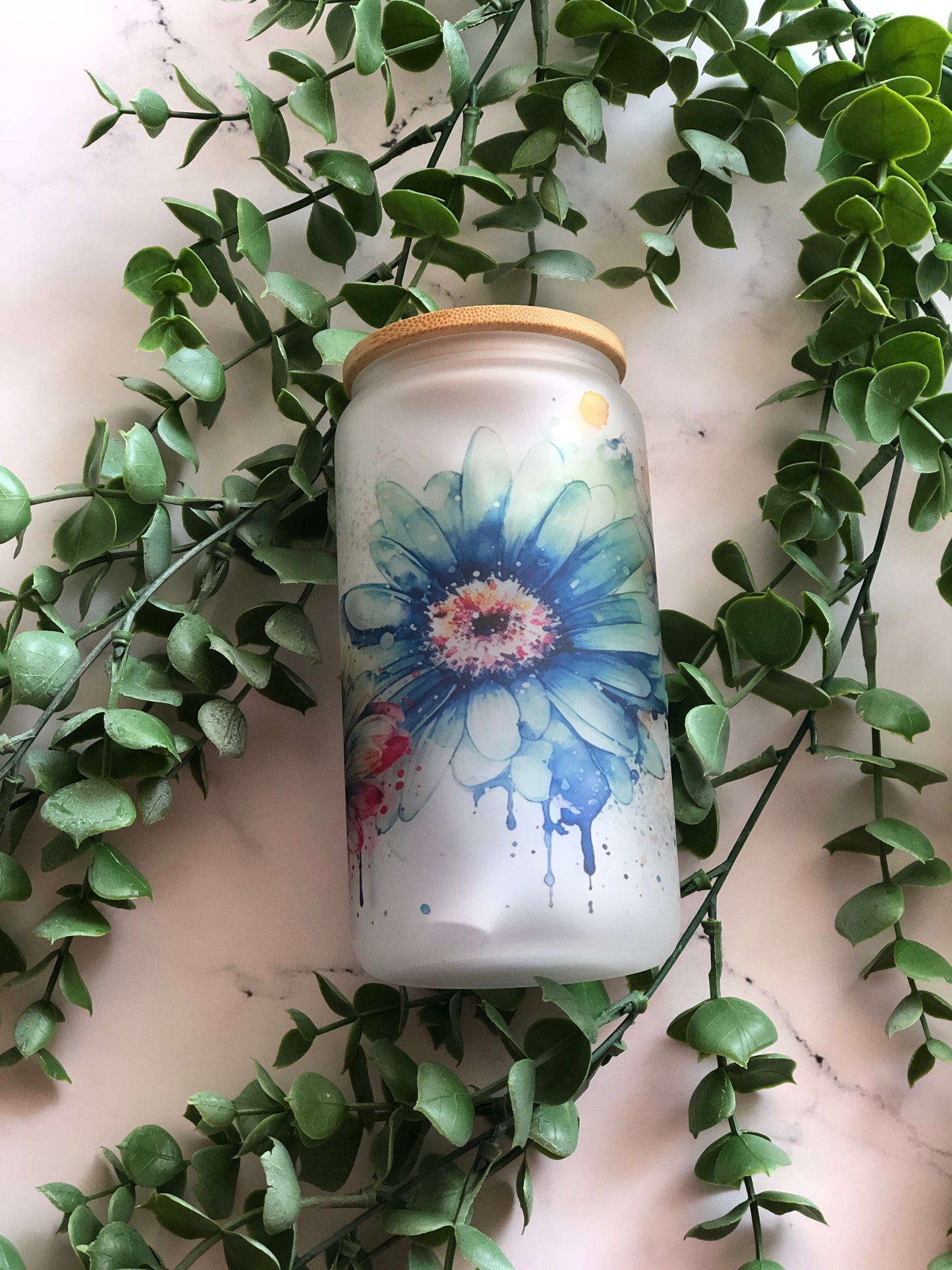 Frosted Glass Can - Watercolour Daisies