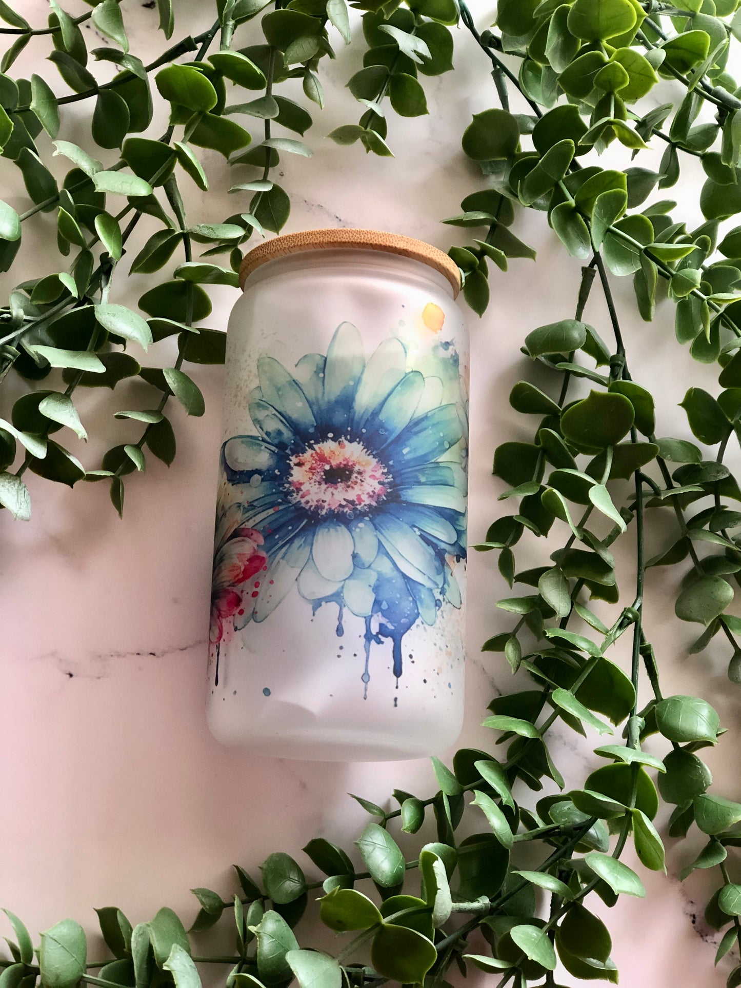Frosted Glass Can - Watercolour Daisies