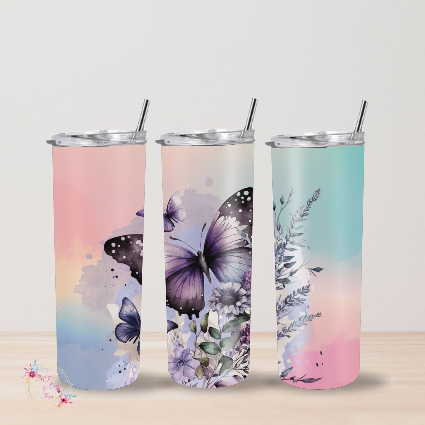 15oz Skinny Tumbler - Pastel Butterflies