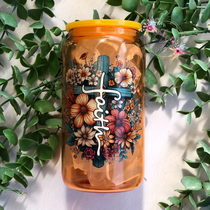 Glass Can -Faith Floral Orange