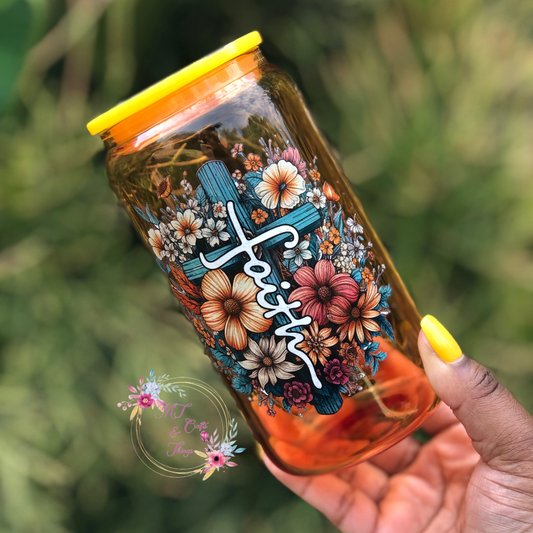 Glass Can -Faith Floral Orange