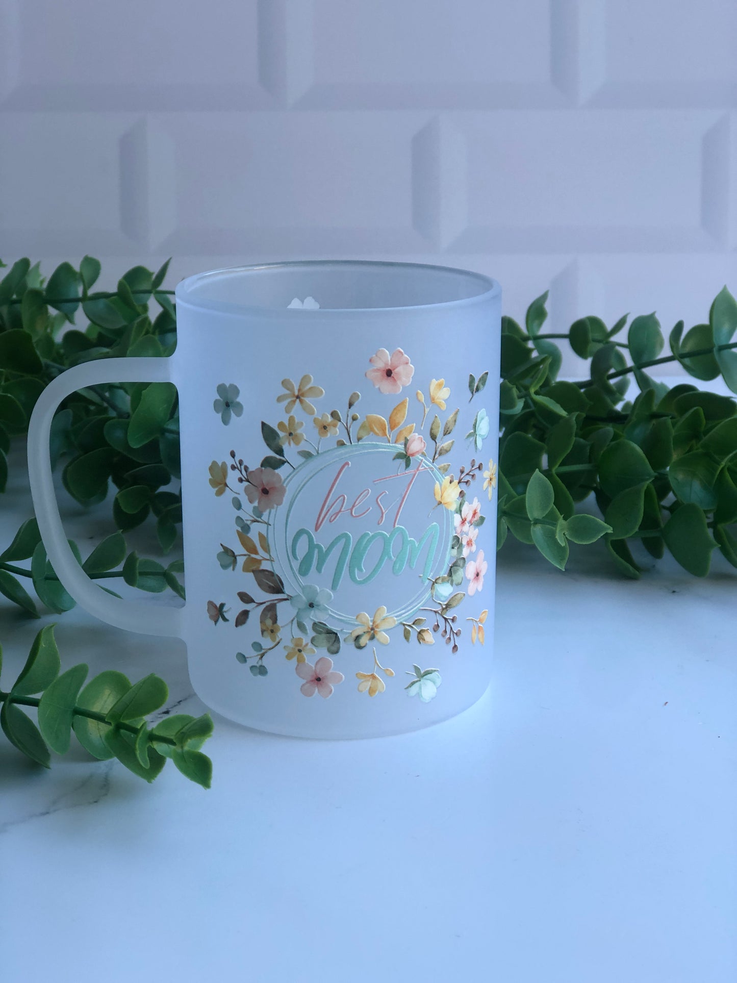 Frosted Glass Mug - Best Mom Floral