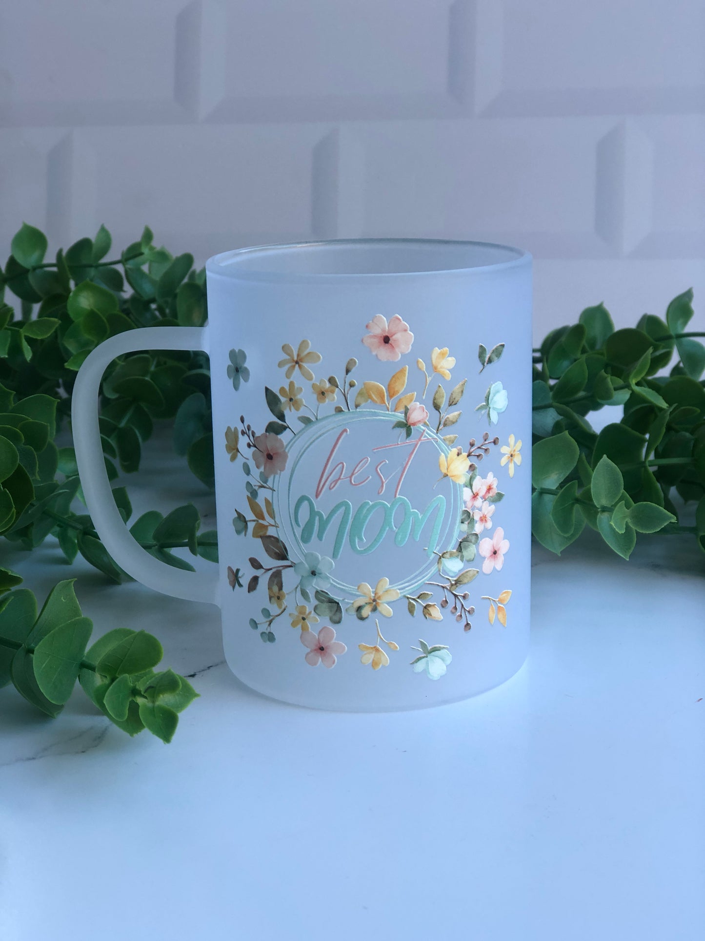Frosted Glass Mug - Best Mom Floral