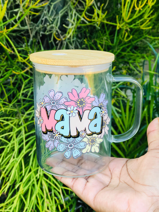Clear Glass Mug with Bamboo Lid - Mama Floral