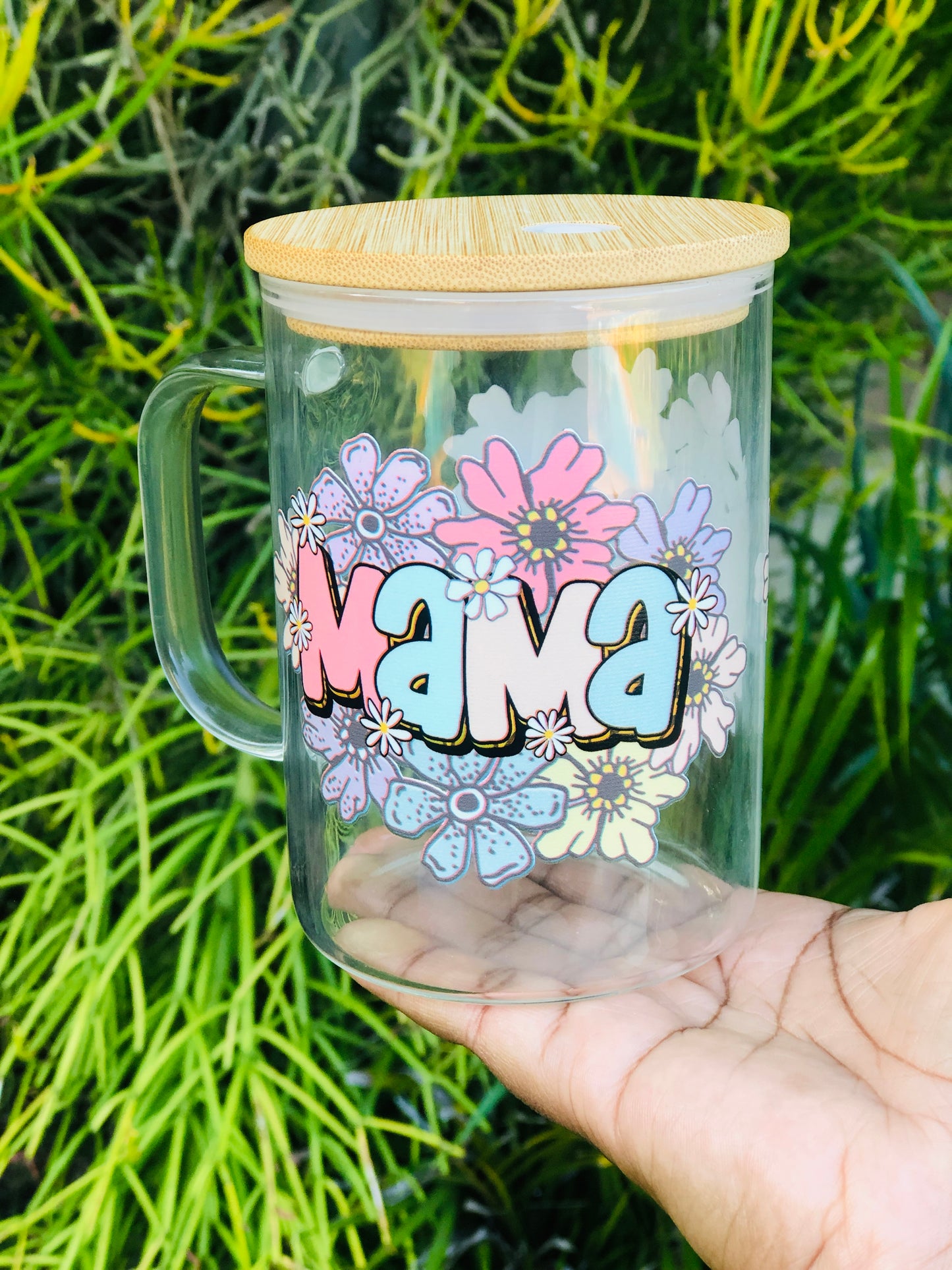 Clear Glass Mug with Bamboo Lid - Mama Floral