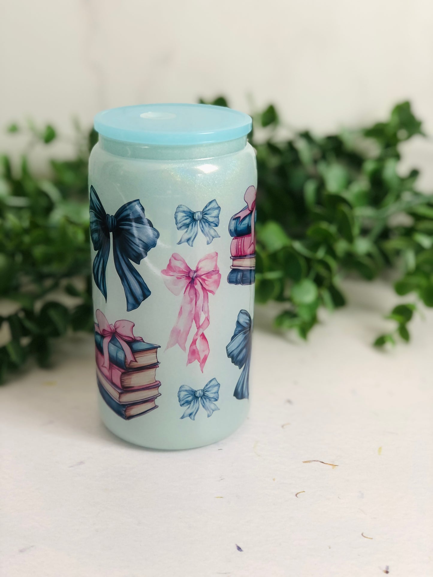 Shimmer Glass Can - Bows and Books