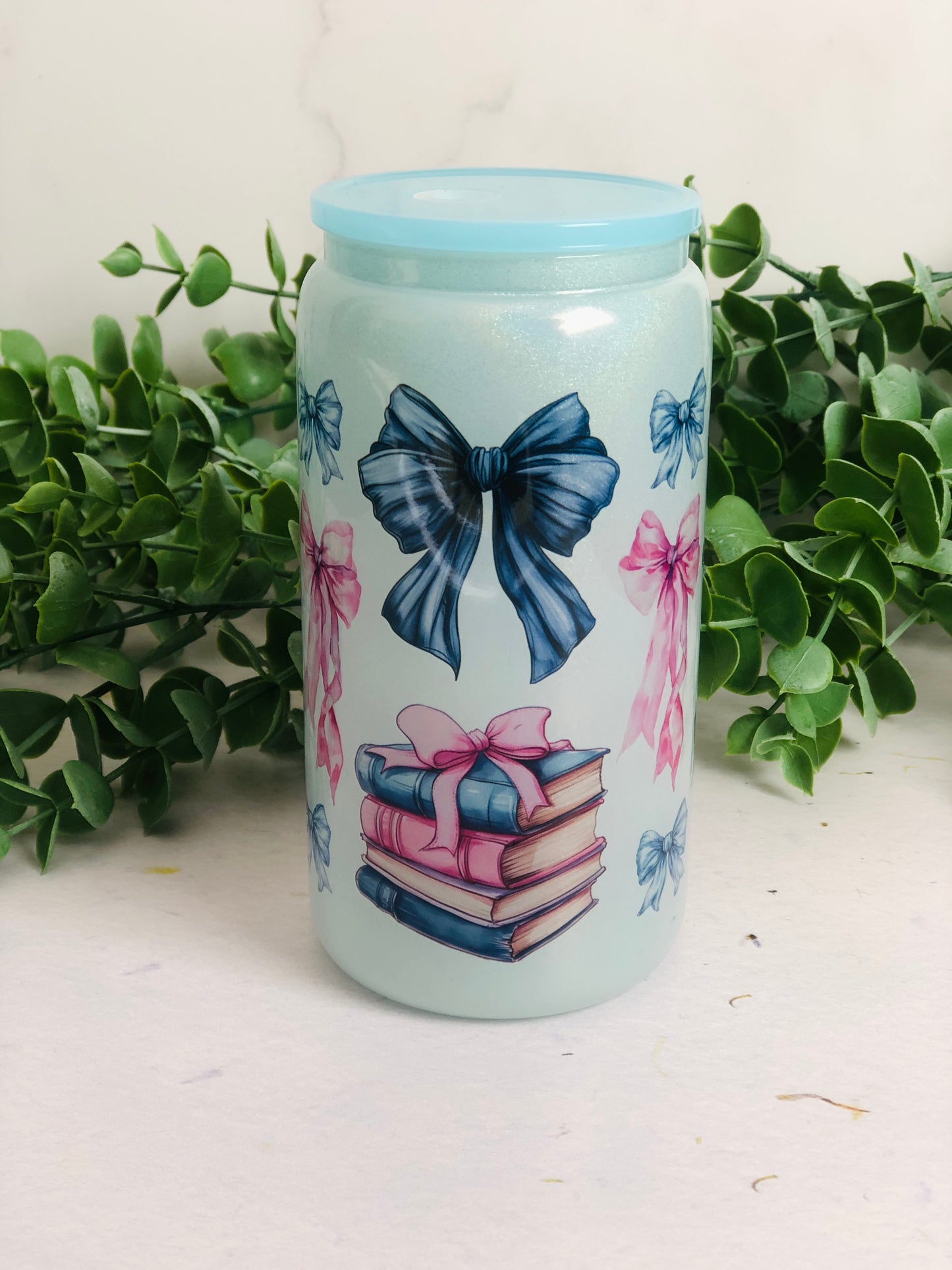 Shimmer Glass Can - Bows and Books