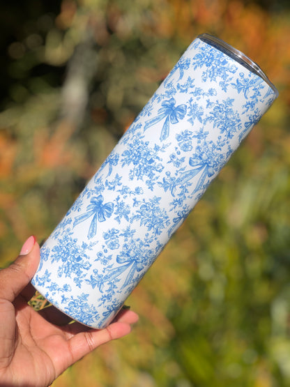 20oz Skinny Tumbler - Blue Bows and Florals