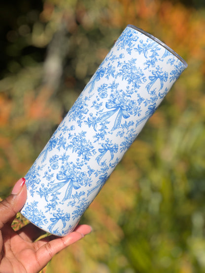 20oz Skinny Tumbler - Blue Bows and Florals