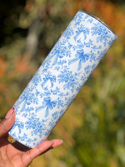 20oz Skinny Tumbler - Blue Bows and Florals