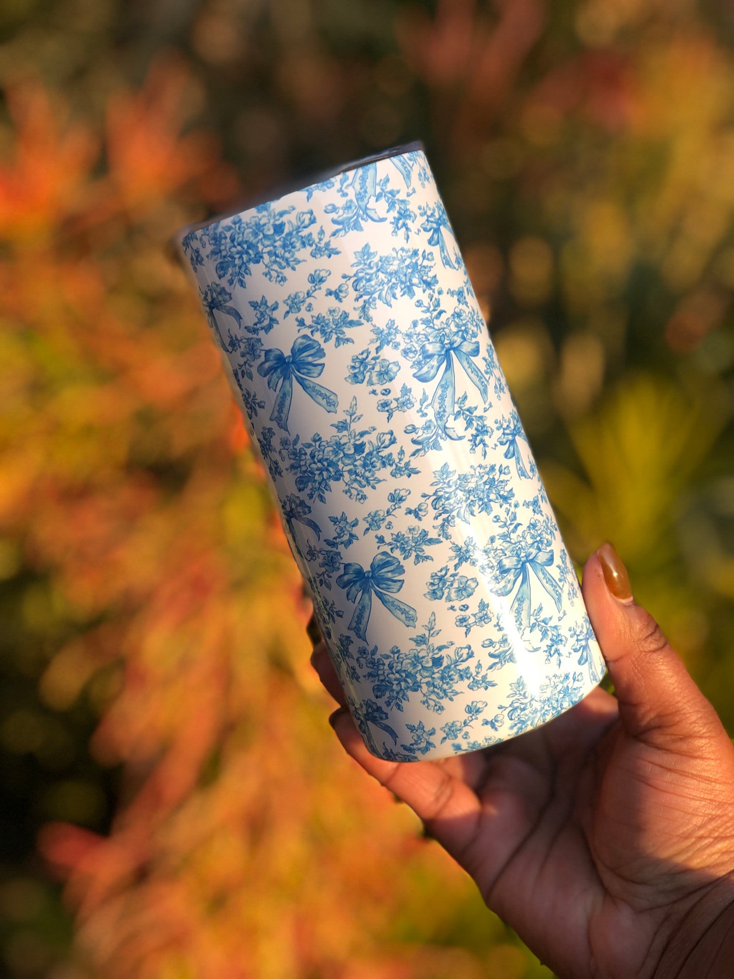 15oz Skinny Tumbler - Blue Bows & Florals