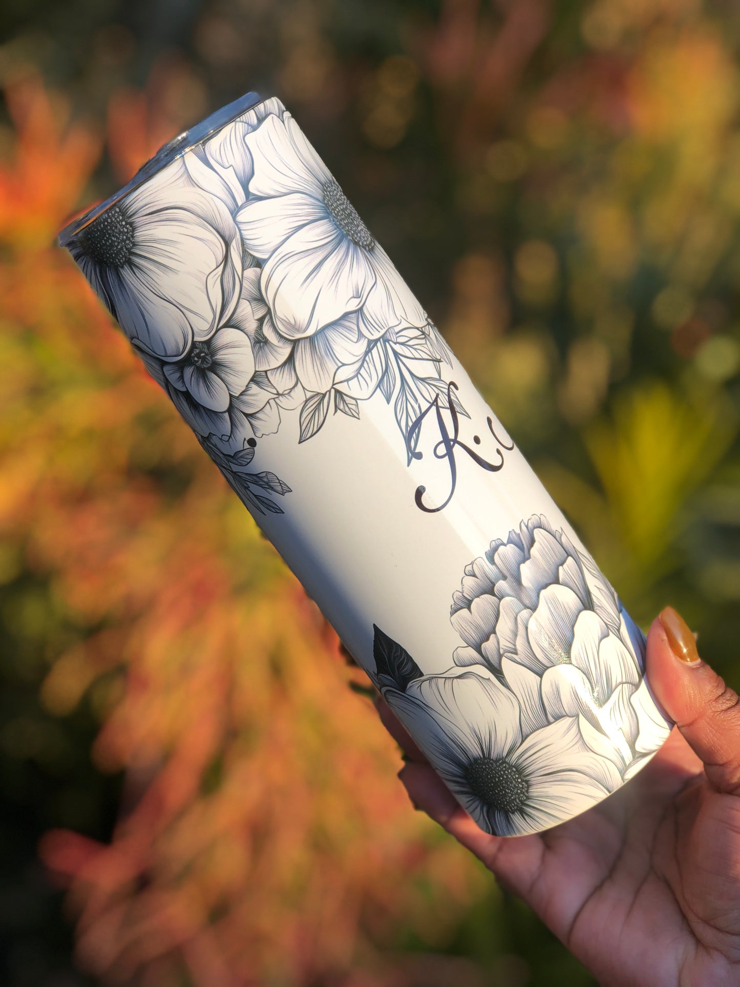 20oz Skinny Tumbler - Black & White Boho Florals