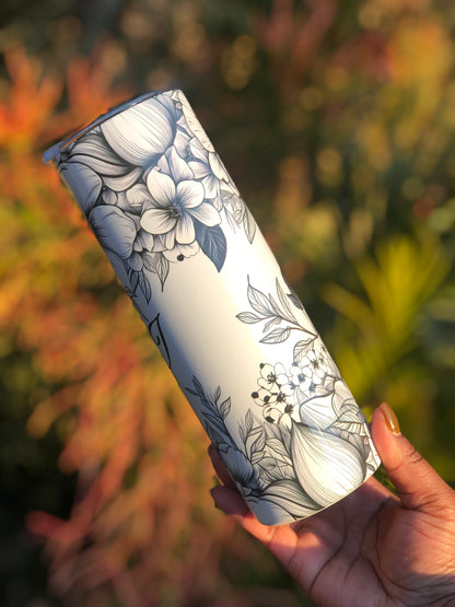 20oz Skinny Tumbler - Black & White Boho Florals