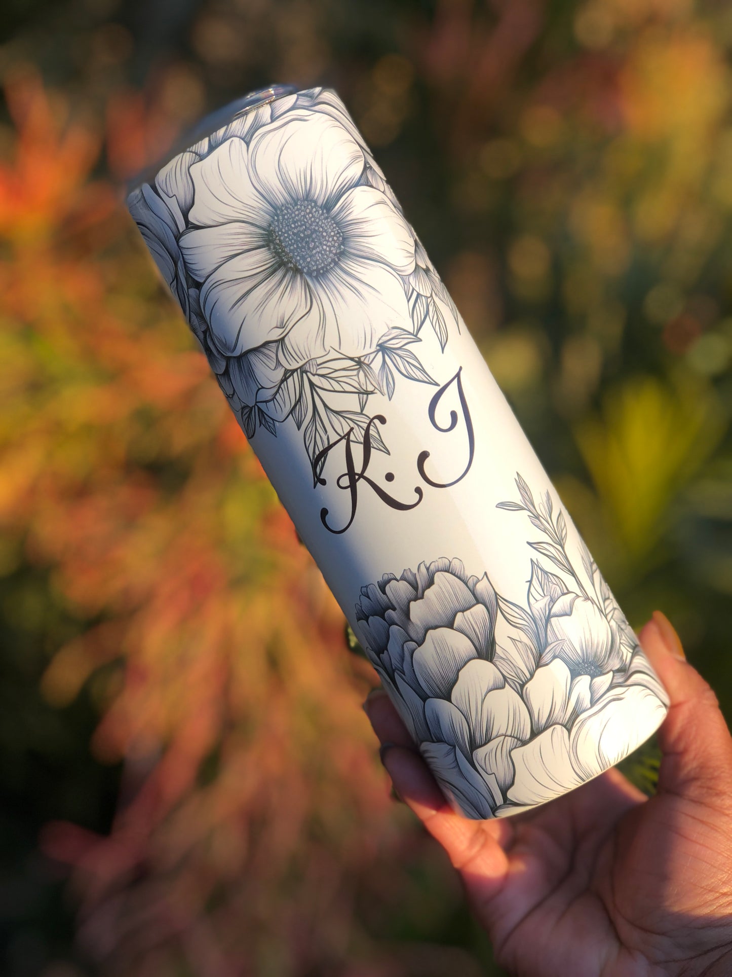 20oz Skinny Tumbler - Black & White Boho Florals