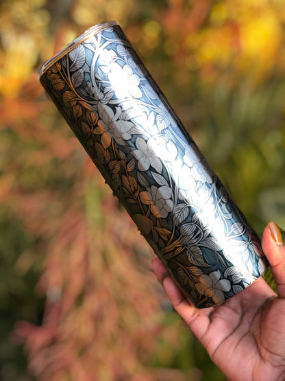 20oz Silver Skinny Tumbler - Flowers & Vines