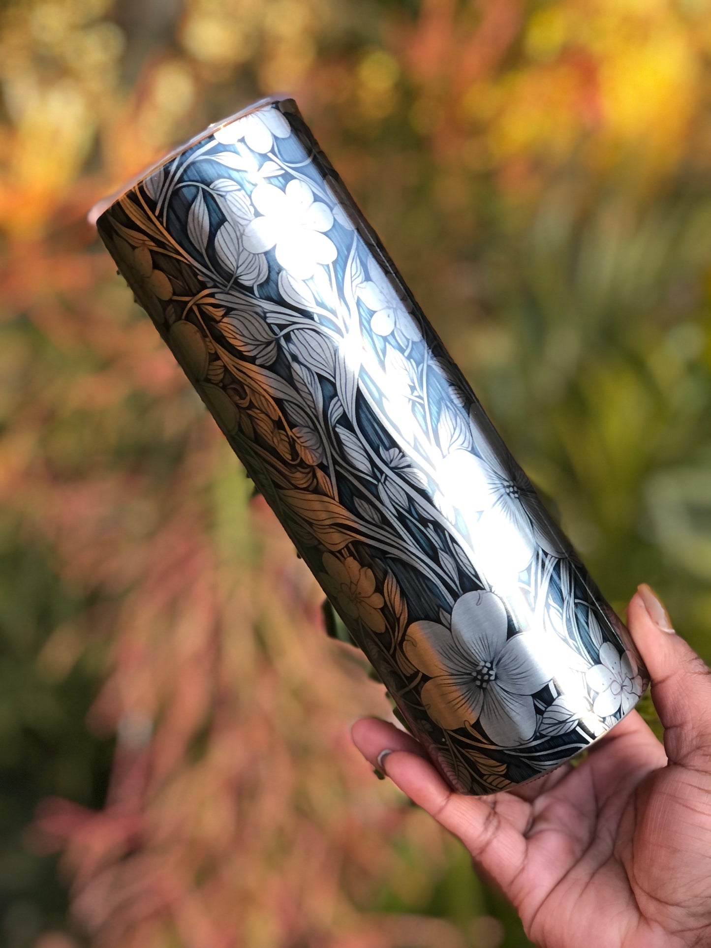 20oz Silver Skinny Tumbler - Flowers & Vines