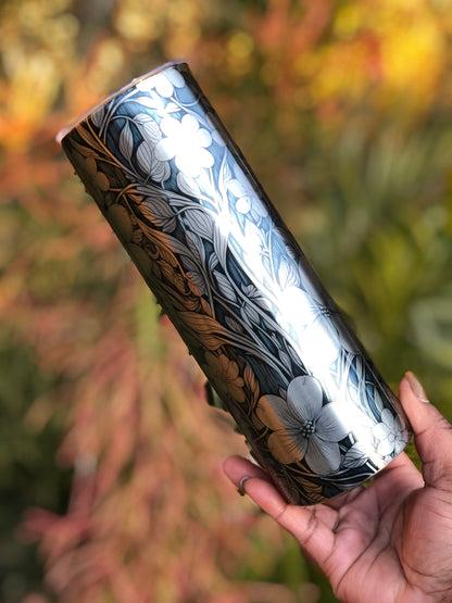 20oz Silver Skinny Tumbler - Flowers & Vines