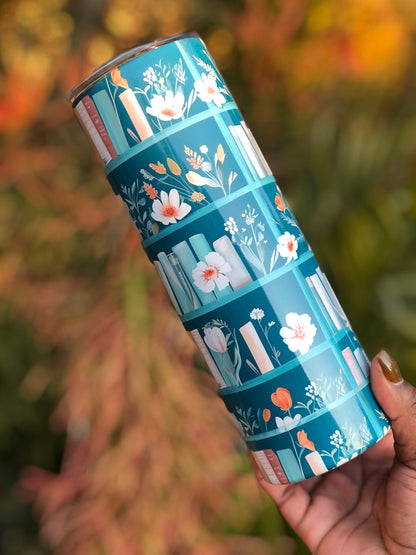 20oz Skinny Tumbler - Books and Flowers