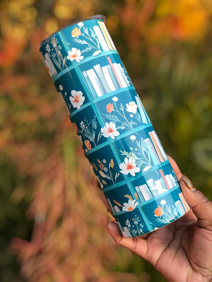 20oz Skinny Tumbler - Books and Flowers