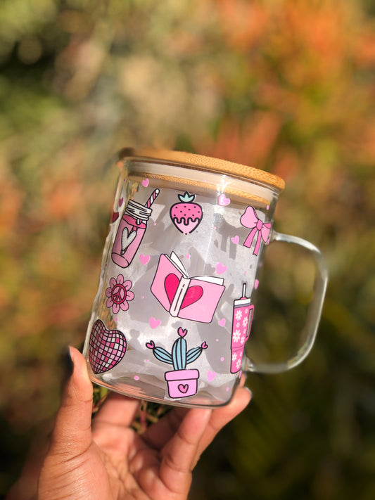 Glass Mug with Lid - Pink Theme