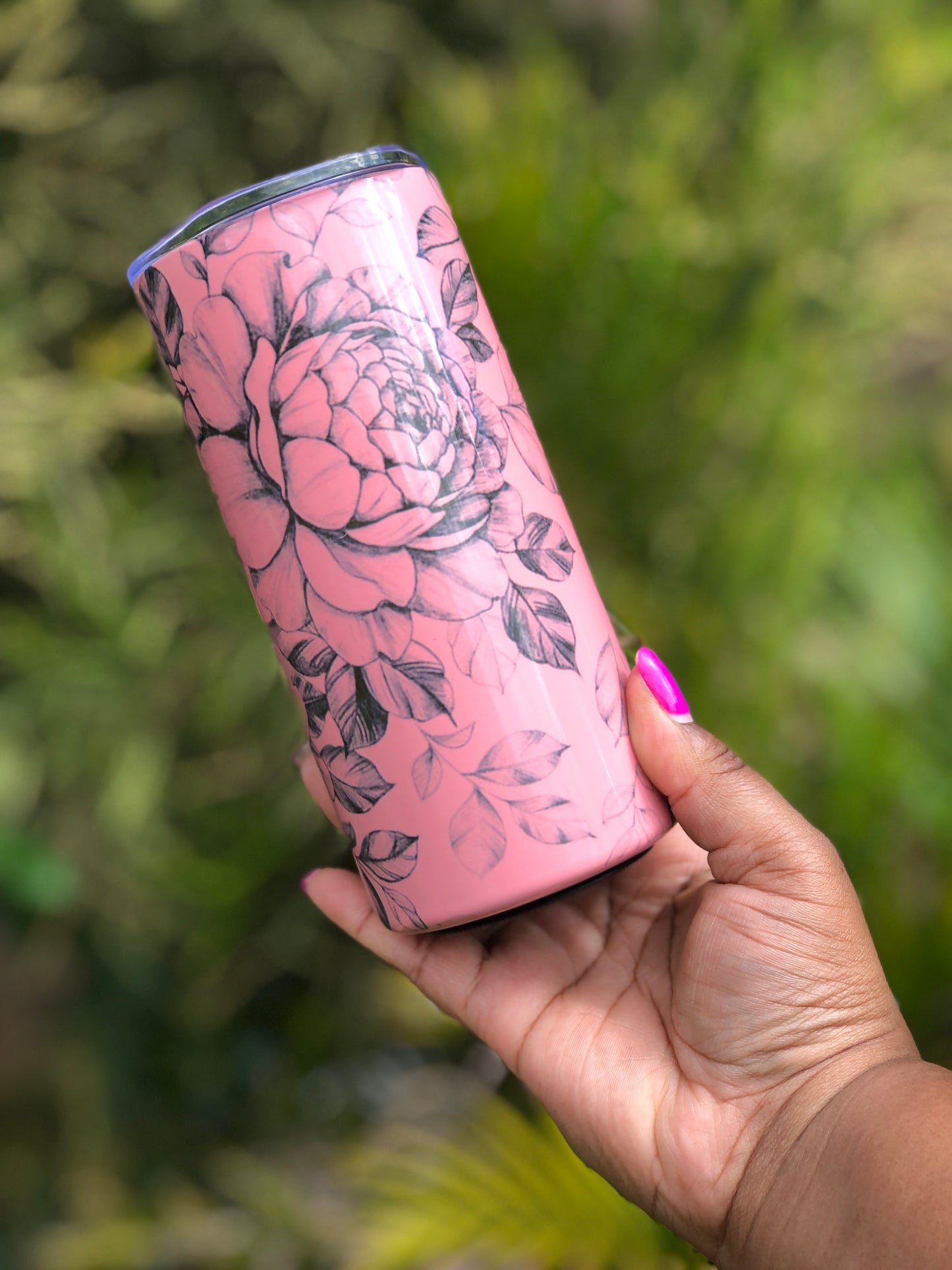 15oz Coloured Skinny Tumbler  - Pink Black Florals
