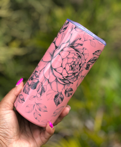 15oz Coloured Skinny Tumbler  - Pink Black Florals
