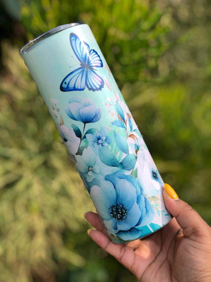 20oz Skinny Tumbler - Blue Butterflies and Florals