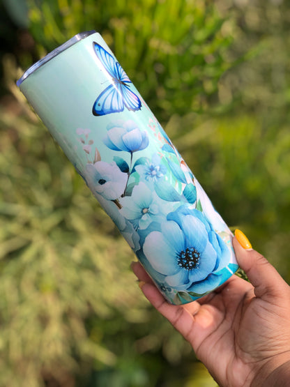 20oz Skinny Tumbler - Blue Butterflies and Florals