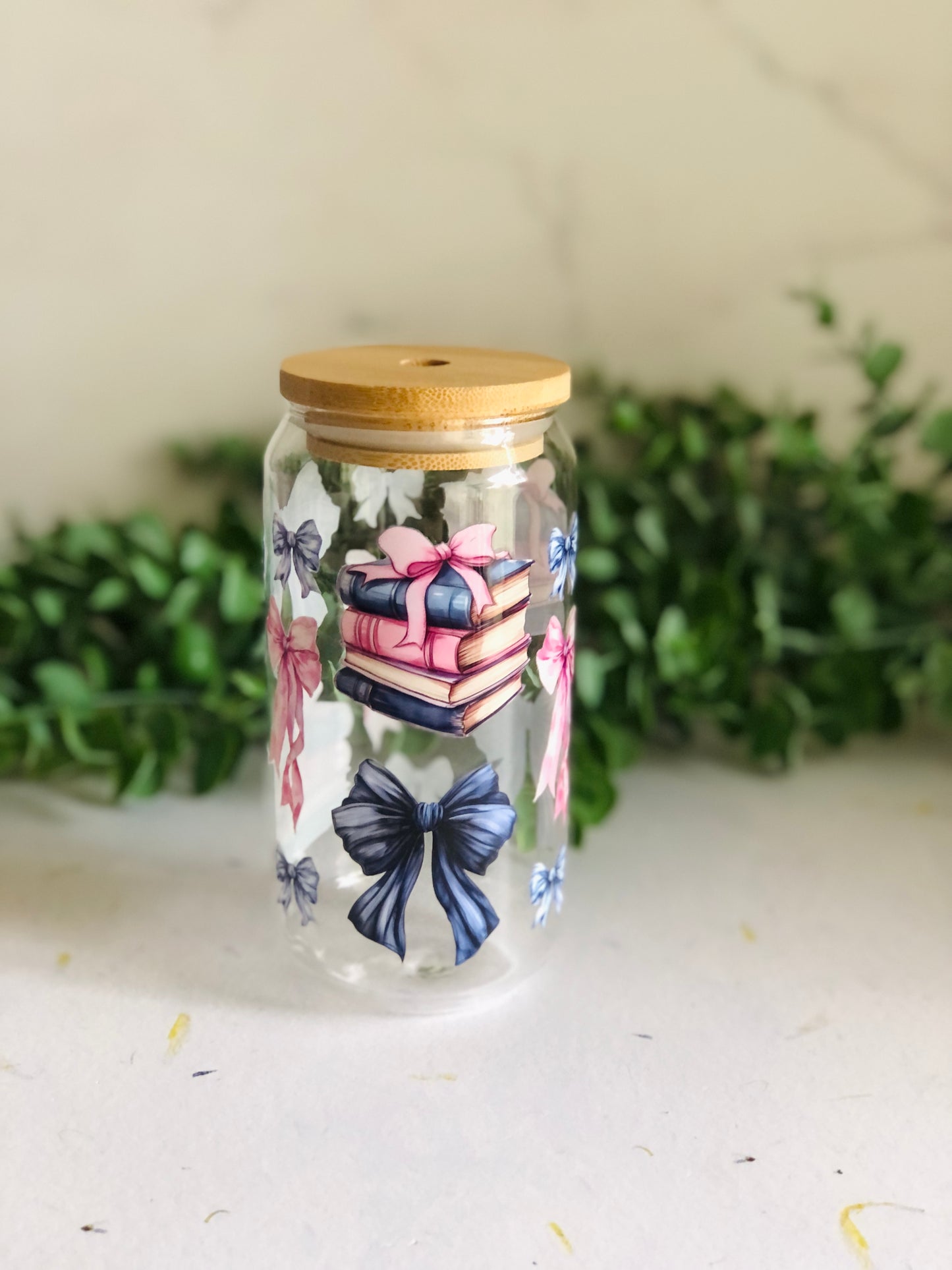 Bamboo Glass Can -Bows and Books