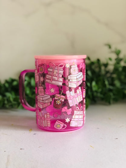Glass Mug with Lid - Books and Coffee