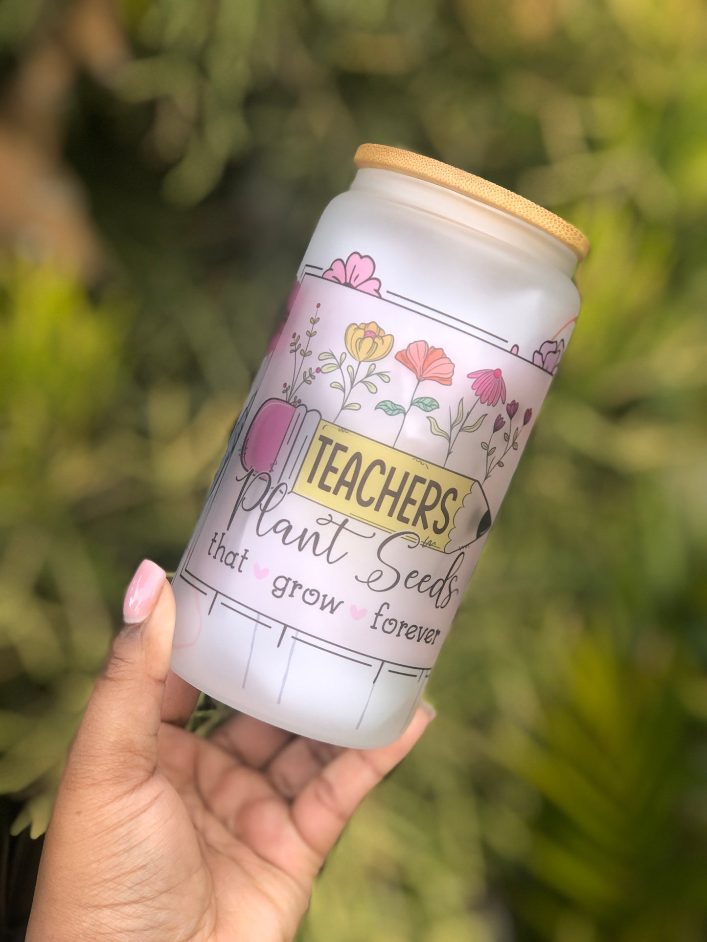 Frosted Glass Can - Teachers Plant Seeds