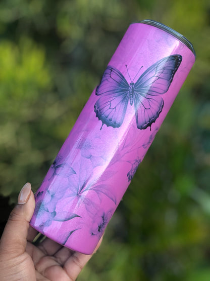 20oz Glitter Pink Tumbler - Black Florals & Butterflies