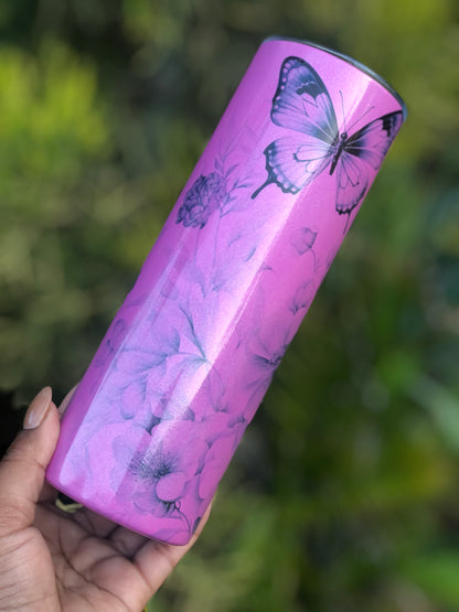 20oz Glitter Pink Tumbler - Black Florals & Butterflies